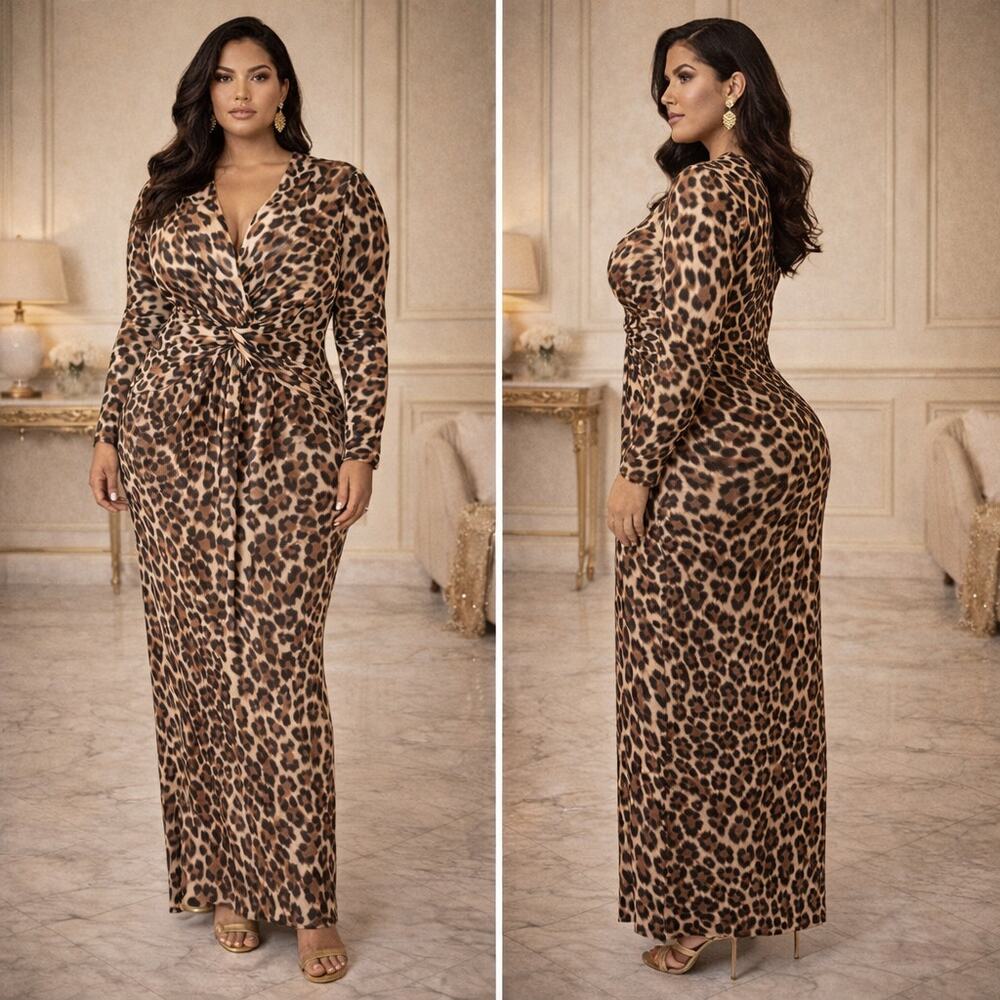 Women's Dress Leopard Anne Klein Long Sleeve V-Neck 14W